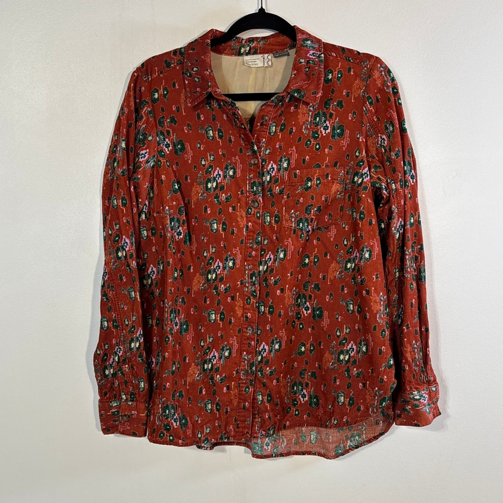 Anthropologie Corduroy Button Down Shirt Women’s Size 8 Brown Green Floral